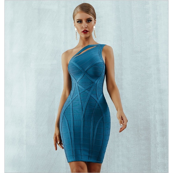 Bandage Strappy One Shoulder Bodycon Pencil Dress Blue - Picture 6 of 12